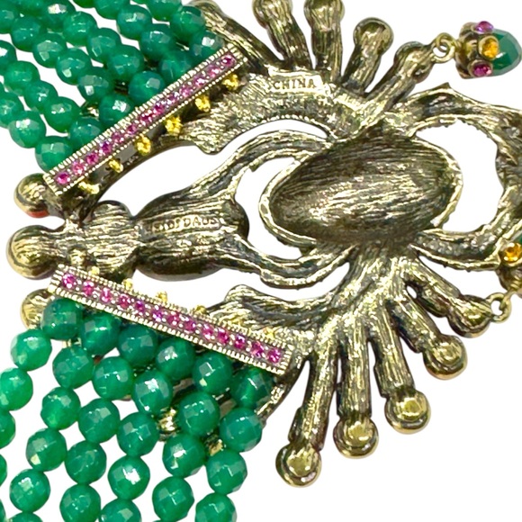 Heidi Daus Far Cry From Shy 6 Strand Green & Coral Bead Crystal Scarab Necklace - Picture 8 of 12